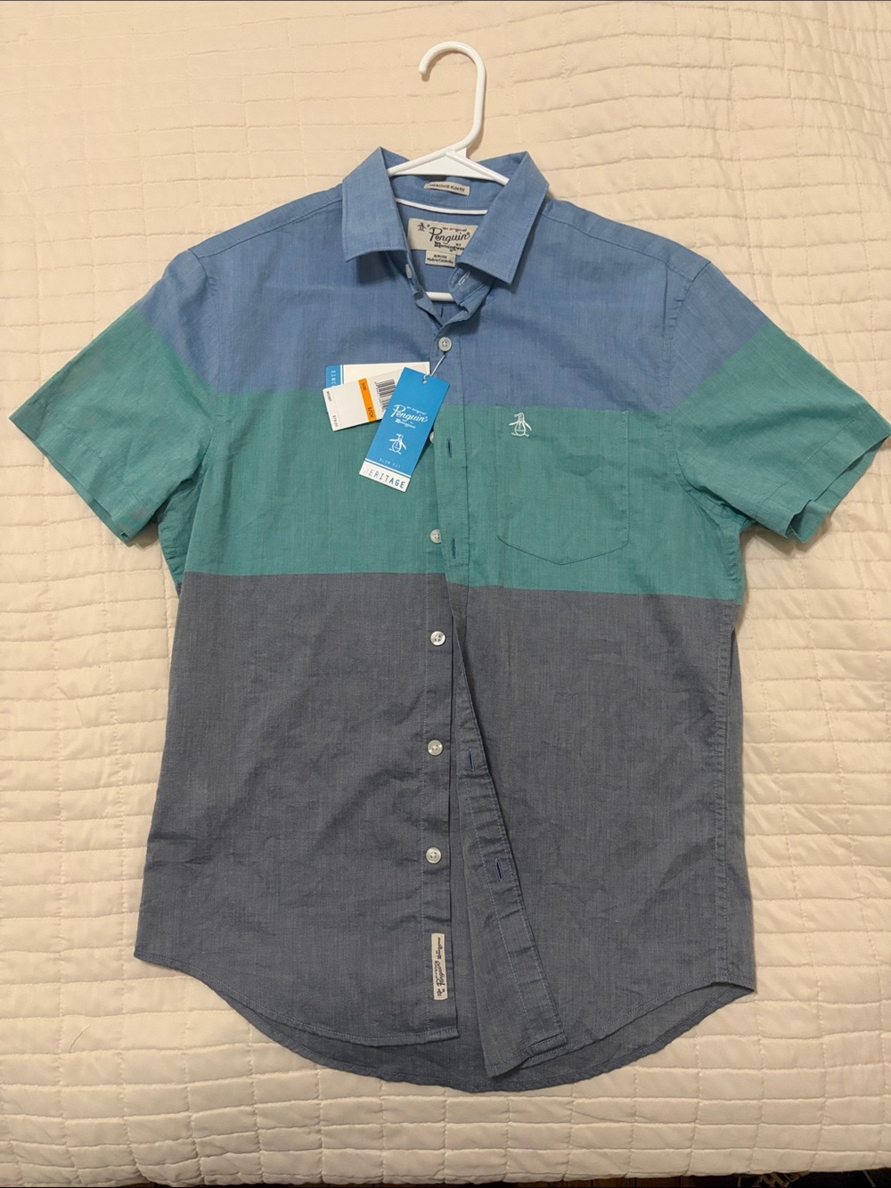 Original Penguin Blue Teal Colorblock Short Sleeve Button-Down Shirt